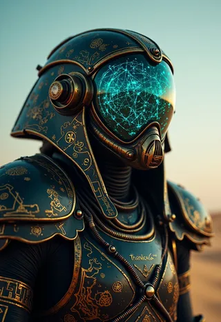 Photorealistic close-up of a futuristic humanoid wearing black and gold armor with ancient Egyptian motifs and a glowing multicolored neon visor in a desert setting.