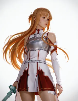 Photorealistic image of Asuna from Sword Art Online wearing Knights of Blood uniform with armor and holding a sword in a dynamic pose
