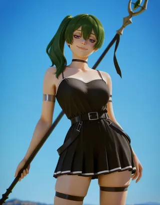 Photorealistic character with green hair in a black dress holding a staff, standing in a dynamic pose against a clear blue sky with sunlight highlighting skin details.