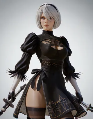 Photorealistic female warrior 2B character from NieR Automata wearing an intricate black dress holding a sword in a dynamic pose