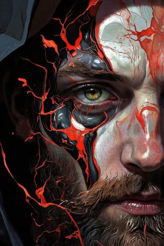 Extreme close-up of a bearded monk's half face, with toxic high contrast red, black, and white swirling patterns, and a detailed green eye reflecting prismatic distortions.