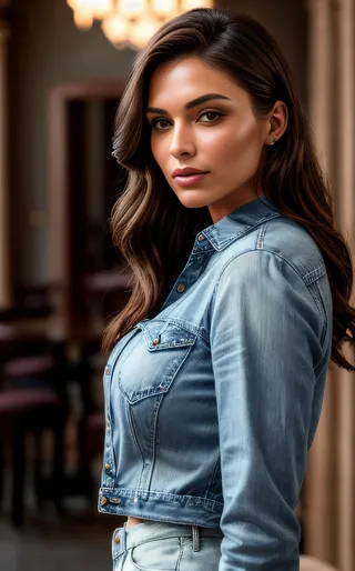 Confident woman with brown hair wearing a fitted denim jacket, shown in side profile with moody cinematic lighting and detailed texture.