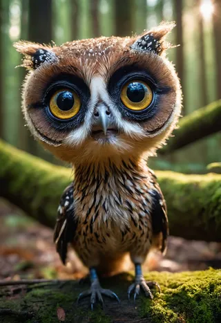 Full body portrait of an adorable creature with big reflective eyes standing on mossy forest ground with moody lighting and intricate feather details.