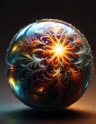 A highly detailed magical orb made of transparent multicolored glass featuring an intricate swirling pattern with warm, glowing cinematic light.