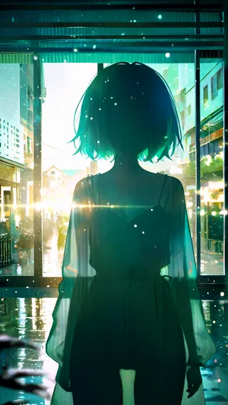 Silhouette of a girl with short hair wearing light, semi-transparent clothes, standing against a bright urban town background with green hue and volumetric lighting effects