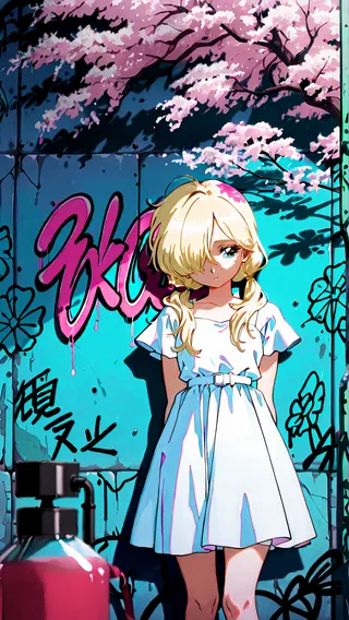 A blonde girl with long low twintails and hair covering one eye stands in front of a teal wall covered in pink and black graffiti beneath blooming cherry tree branches in 1990s style.