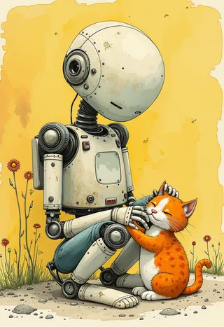 A robot sitting on the ground gently stroking an orange and white kitten, illustrated in the detailed and whimsical style of Mattias Adolfsson with a yellow background and flowers.