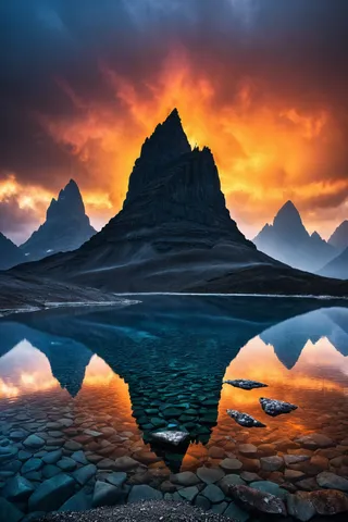 A majestic pointed mountain reflected in a crystal-clear lake with a dramatic fiery orange sunset sky in the background and rocky terrain in the foreground.