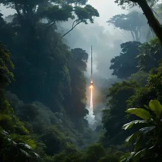 A spaceship lifting off dramatically from a jungle landing pad with thick smoke and flames, surrounded by dense green jungle foliage and towering trees.