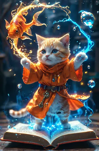 A cute kitten wearing an orange witches robe and hat stands on an open magic book, casting glowing blue and orange magical spells that bring a fish to life in the air.