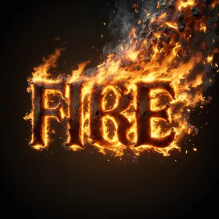 Wooden text 'FIRE' engulfed and dissolving into vibrant flames and embers against a dark night background