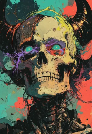 A surreal digital painting of a skeletal figure with glowing blue eyes, dark angular horns, and vibrant abstract splashes of color in the background.