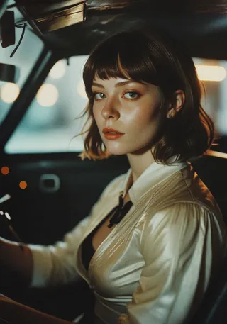 A hyper realistic female android pinup girl with short brown hair and intense gaze driving a car, viewed from inside the vehicle under dramatic cinematic lighting with motion blur and film grain effects.