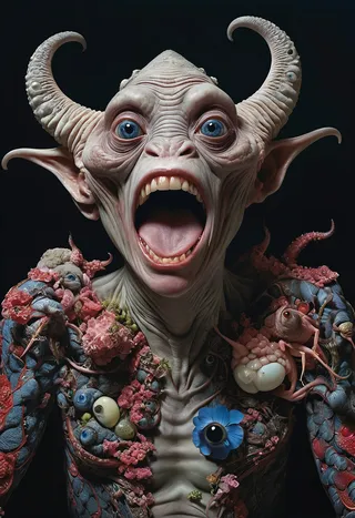 Close-up portrait of a monstrous otherworldly creature with large horns, wide blue eyes, and open mouth showing teeth, featuring intricate organic details and dramatic lighting on a dark background.