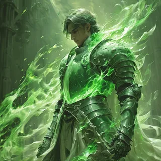 A hyper realistic green Soul Knight clad in detailed armor surrounded by ethereal green flames, standing in a fantasy medieval setting.