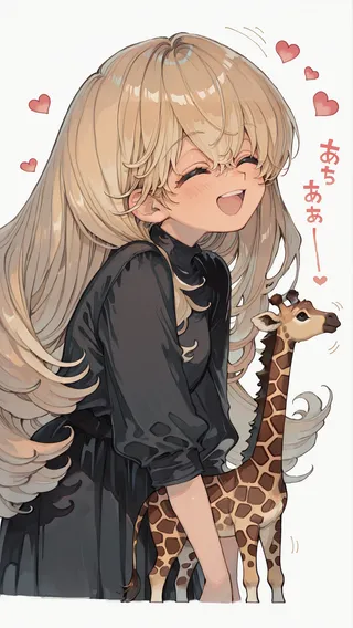Happy blonde anime girl with big hair smiling while holding a giraffe toy surrounded by hearts and motion lines.