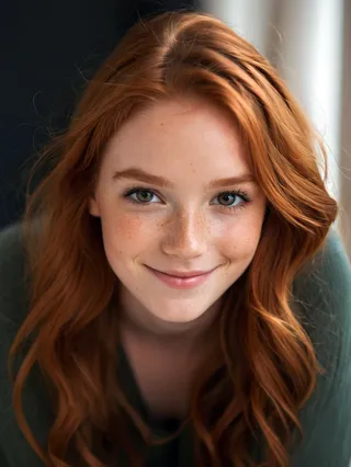 Close-up portrait of a beautiful girl with ginger hair, freckles, and detailed eyes smiling happily in a dark studio with muted colors.