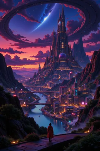 A futuristic cyberpunk city with a towering castle and glowing colorful lights under a vibrant dusk sky, seen from behind a woman standing on a path overlooking the river.