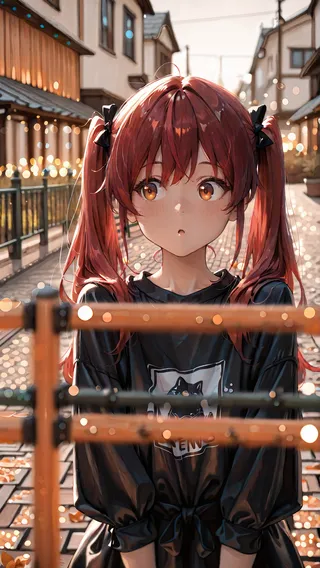 A red-haired girl with twintails and curious expression stands in a modern town street, featuring orange trees, fences, and bokeh lights.