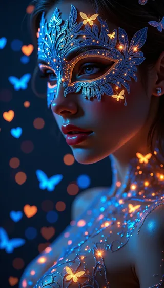 Close-up portrait of a woman wearing an intricate blue masquerade mask adorned with glowing orange and blue butterflies, surrounded by heart-shaped bokeh lights with matching bioluminescent patterns on her skin.