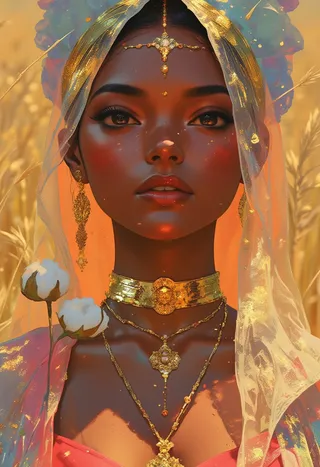 Close-up of a Rajasthani woman with glowing brown skin under golden light, adorned in traditional golden jewelry and a transparent golden veil, holding white cotton flowers, with a blurred wheat field background.