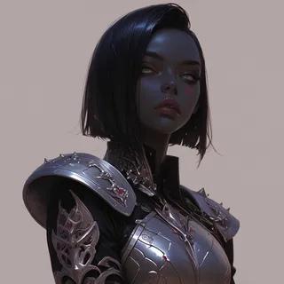 Realistic concept art of a young black-skinned female warrior with green eyes, short black hair, angular face, and steel armor with punk details.
