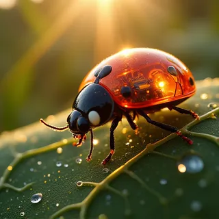 Macro shot of a mechanical ladybug with a translucent red shell resting on a dew-covered leaf illuminated by warm dawn light, displaying visible cybernetic components inside.