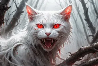 A white ethereal cat with sharp long claws and fangs, glowing bright red eyes, snarling in a misty forest with a demonic and ghostly appearance.