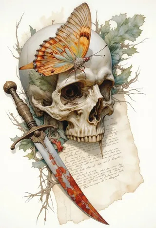 A highly detailed watercolor digital painting of a skull with a colorful butterfly perched on it, lying on a handwritten letter with a blood-stained dagger beside it.