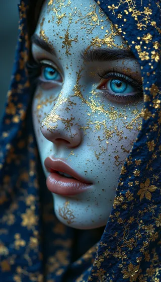 Hyperrealistic close-up of a white porcelain female face with blue eyes, adorned with intricate gold patterns, set against a navy blue patterned fabric background.
