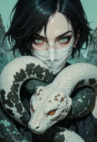 ティールの背景に、白い布マスクを着けた緑色の目が印象的なキャラクターのクローズアップデジタルアート。黒い髪とオレンジ色の目を持つ大きな白黒の蛇が首に絡みついている様子。