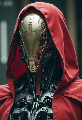 Detailed cybernetic warrior with a golden robotic faceplate and crimson hooded cloak, featuring intricate mechanical components and dark high-tech armor.