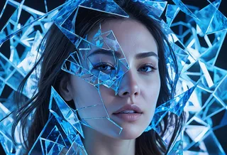 A fragmented portrait featuring a woman's face partially obscured and reflected by sharp, neon blue glass shards, creating a surreal and fractured reality effect.