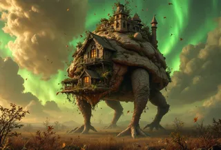 A magical house with rocky textured skin standing on four large chicken legs in a prairie with an aurora borealis green sky, shedding leaves and dirt in a cloud, surrounded by a tiny forest and a small village on its back.