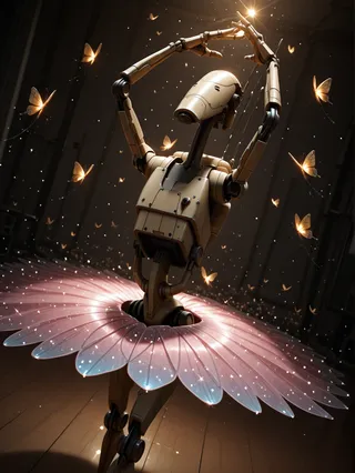 Humanoid B1 battle droid robot dressed as a ballerina wearing a sparkling pink tutu, dancing in a studio surrounded by glowing robot butterflies.