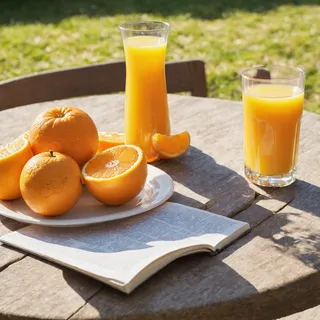 Clear glass of orange juice and a carafe on a wooden outdoor table with fresh whole and sliced oranges on a white plate, beside an open book, under bright sunlight.