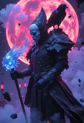 A heroic mage stands cloaked in dark, ornate dystopian armor holding a glowing arcane staff, a black raven perched on their shoulder, against a glowing neon pink moon and swirling mist.