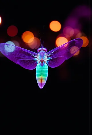 A glowing firefly with translucent purple wings and a vibrant neon green-blue body flying against a dark background with blurred orange bokeh lights.
