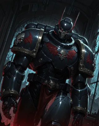 Close-up of a menacing warrior in dark power armor with red glowing eyes and a skull helmet, standing inside a gothic interior with a broken window casting eerie light.