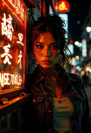 Closeup portrait of a stunning Japanese woman with long loose hair and bangs, wearing a denim jacket and white blouse, leaning against a glowing neon sign at night on a traditional Japanese street with bokeh lights in the background.