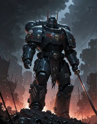 Helmeted warrior in dark power armor holding a katana on an apocalyptic battlefield with burning ruins and dark smoke.