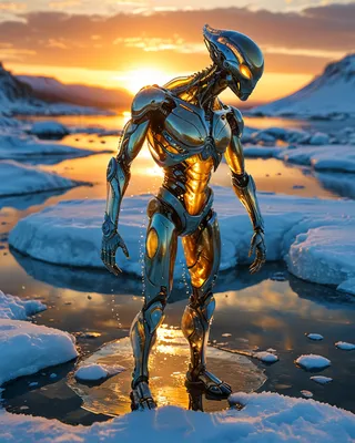 Full body cyborg alien with metallic surfaces glowing with warm sunset light, standing on icy water with snow and reflections around, framed by mountains.
