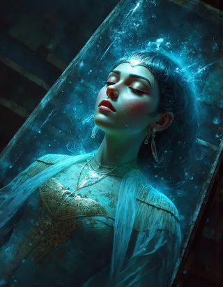 Hyper-detailed digital artwork of Cleopatra lying peacefully inside an ancient glass sarcophagus, illuminated by glowing blue luminescence in a dark fantasy setting.