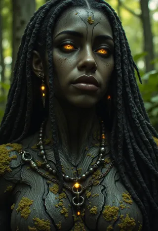 Portrait of an ancient female forest guardian with dark wooden skin, glowing golden eyes, dreadlocks, moss patches, and bioluminescent insects in a softly lit forest background.