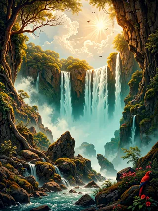 Dramatic depiction of Iguazu Falls cascading powerfully through lush rainforest cliffs with sunlight breaking through clouds, featuring flying macaws and vibrant foliage.