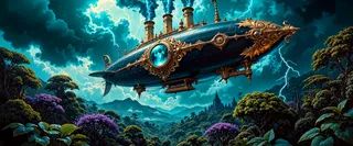 A majestic steampunk airship adorned with intricate rococo gold scrollwork and a glowing blue-green orb hovers over a dense alien jungle with bioluminescent plants under a stormy sky illuminated by lightning bolts.