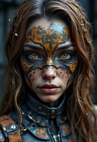 Hyperrealistic portrait of a woman with rusted iron texture covering the left side of her face, detailed rust patterns, and mirrored stainless steel elements on the right side, under soft, diffused lighting.