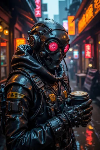 Futuristic cyberpunk robot with glowing red eyes holding a cup of coffee in a neon-lit Tokyo street at night