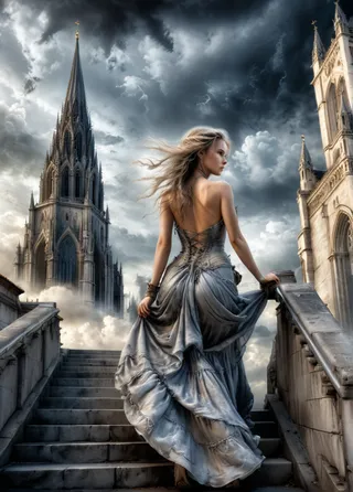 A woman in a flowing silver-gray long dress ascending stone stairs under a dramatic cloudy night sky, with a gothic cathedral in the background.
