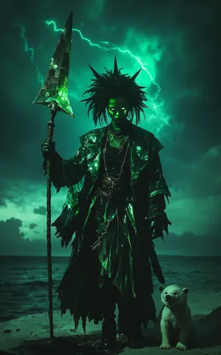 A solar-punk druid with spiked hair wearing a tattered robe made from recycled materials, holding a staff resembling a wind turbine blade, illuminated by green lightning in a stormy sky, standing beside a taxidermied polar bear cub.